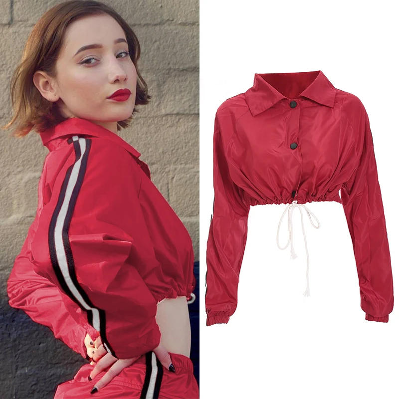 

Rockmore Spring Autumn Jacket Women Slim Elegant Crop Jacket Top Single Button Drawstring Patchwork Striped Long Sleeve Coat