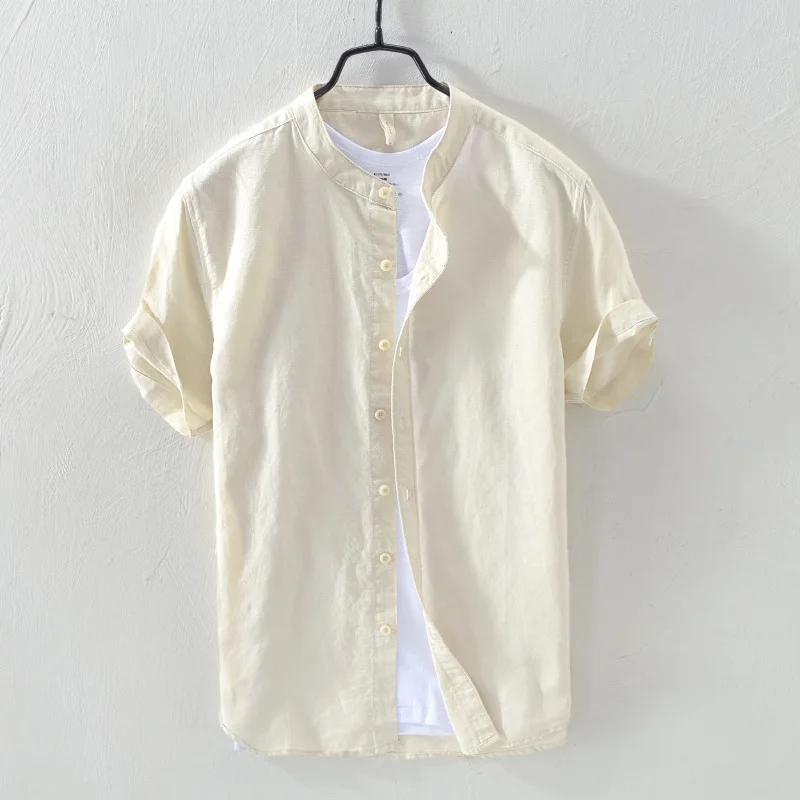 

2019 Summer men's pure linen casual short sleeve shirt Loose art-fan flax shirt mens M-3XL stand collar shirts male