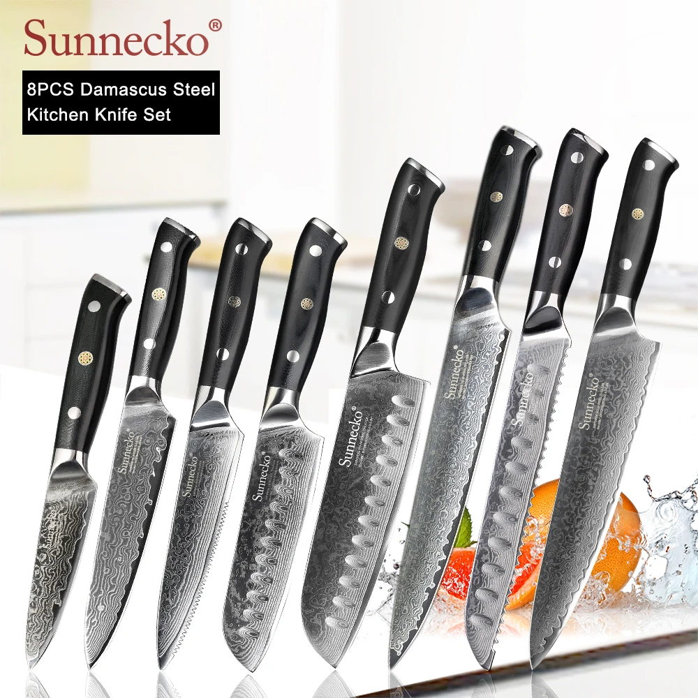 

SUNNECKO 8PCS Kitchen Knives Set Damascus Chef Utility Santoku Slicing Paring Steak Bread Knife Japanese VG10 Steel G10 Handle