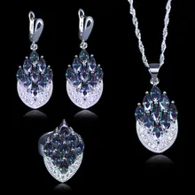 Рождественский подарок для женщин, 925, штамп, серебряный цвет, для женщин, 3 шт., ювелирный подарок, радуга, мистик, кристалл, камень, ожерелье, серьги, кольца, набор