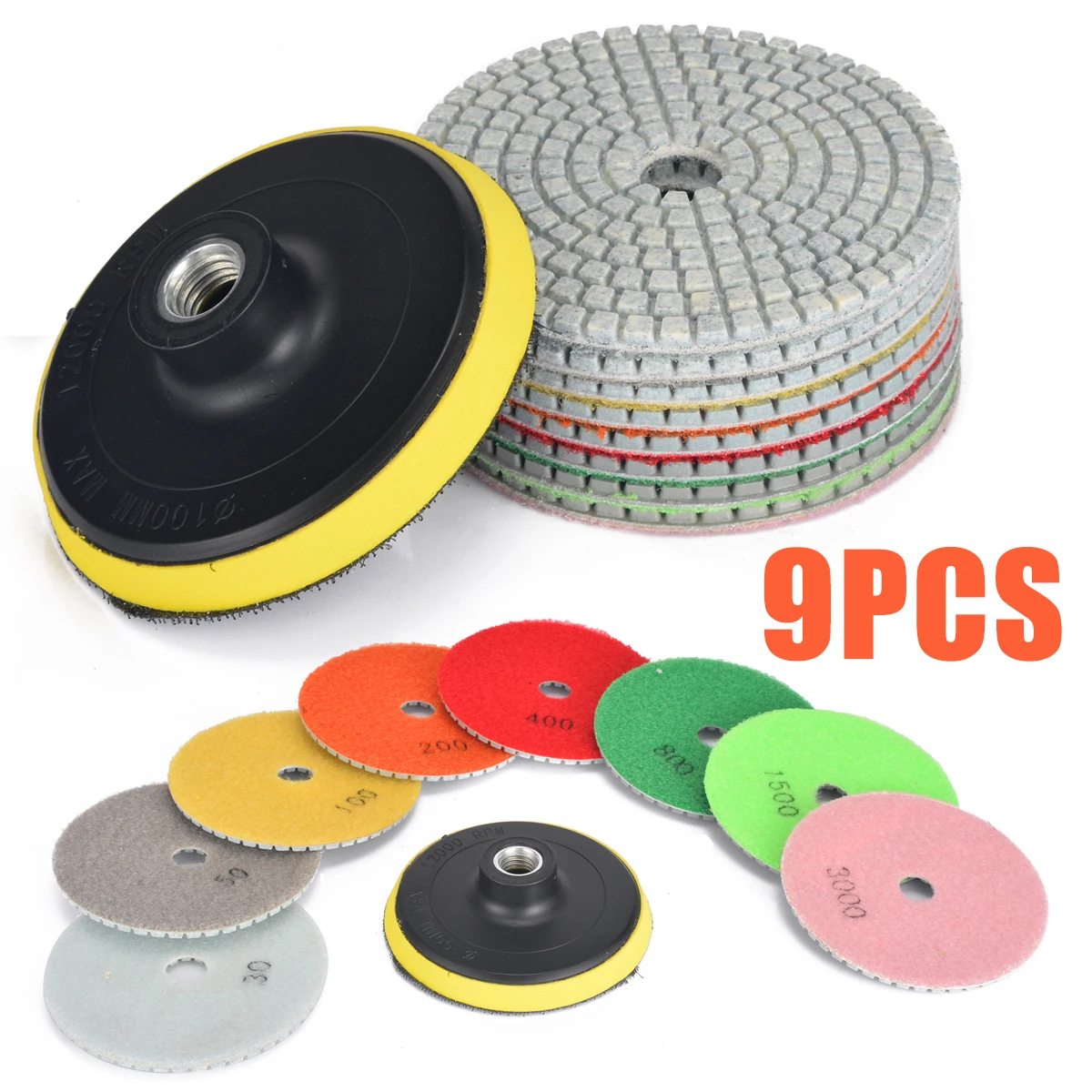 9pcs Wet Dry Diamond Polishing Pad 4 Inch Set With Backer Pad For