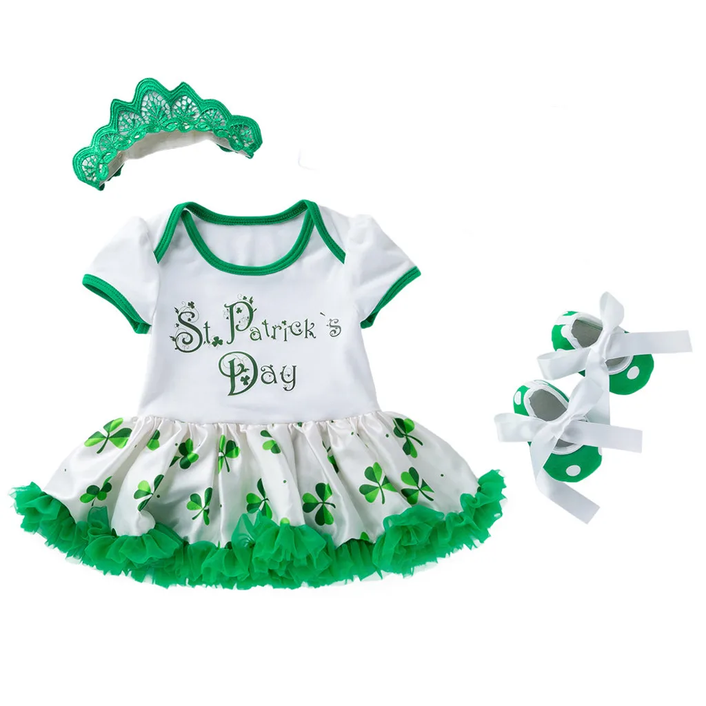

Fashion Princess Dress lucky clover Lovely dress shoes set cute Baby Girls St. Patrick's Day Headband+Dress Outfits Set