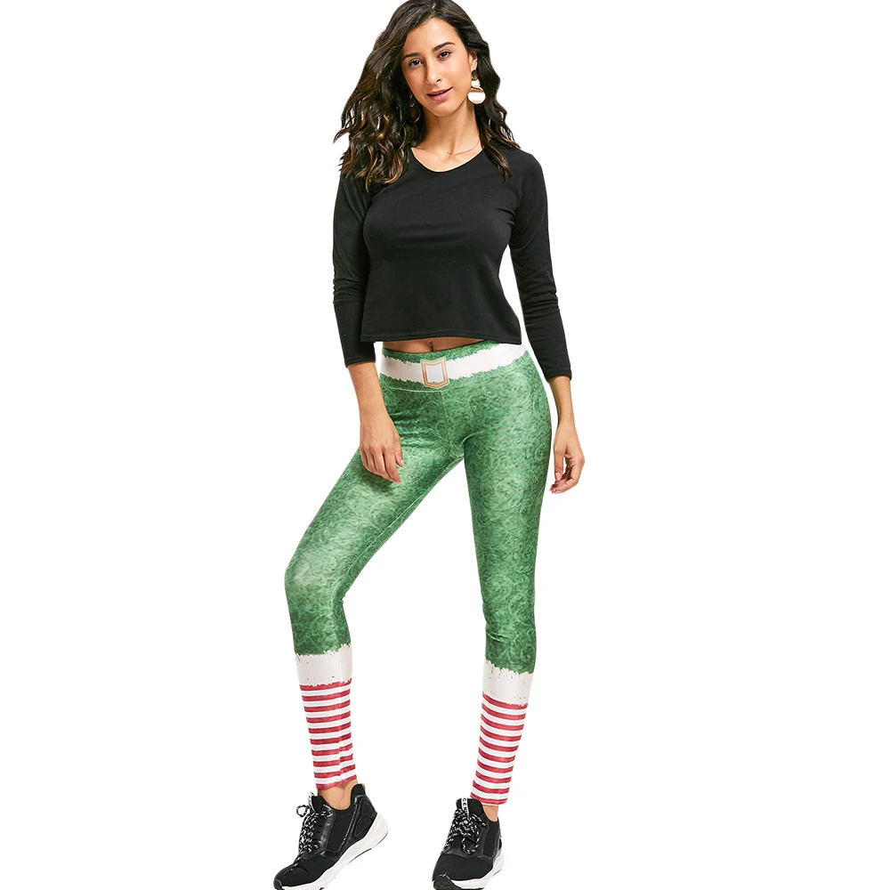 Kenancy Christmas Striped Belt Print Leggings Long Elastic High Waist Fitted Women Leggings Green M -L