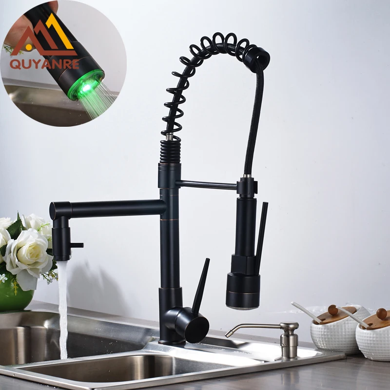 

Led Light Kitchen Mixer Faucet Deck Mounted Dual Handles One Hole Sink Water Taps Blackened