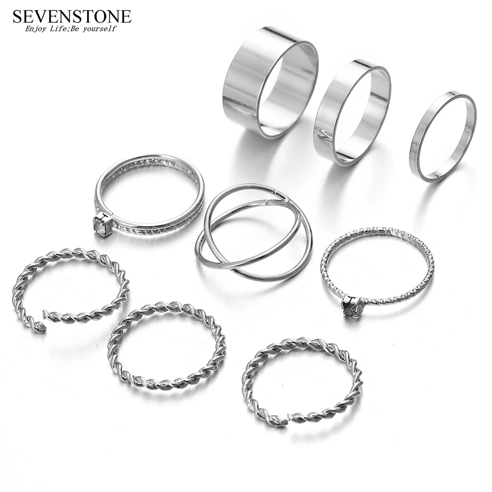 

SEVENSTONE 2019 9PCS Gold/Silver Finger Ring Female Minimal Minimalist Jewelry Knuckle Toe Sets Beautiful Gift for Women Charm s