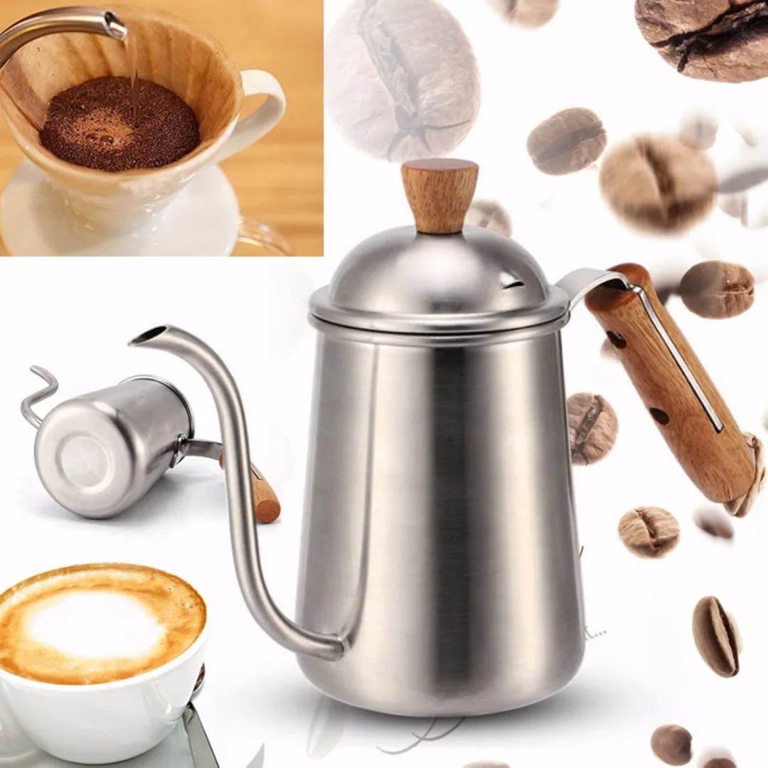 JX-LCLYL Stainless Steel 650ML Tea Kettle Drip Coffee Pot Pour Gooseneck Wood Handle