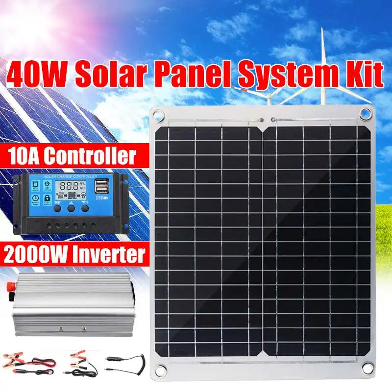

40W Solar Panel Solar Cell + 10A Solar Controller + Power Inverter Converter Solar System Kits for Fishing Boat Cabin Camping