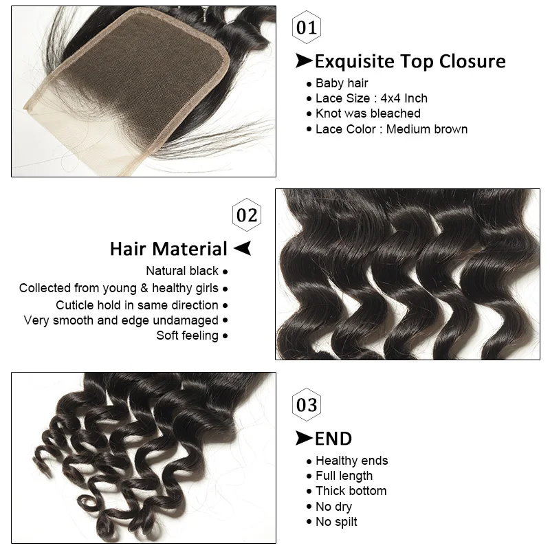[FYNHA] Indian Virgin Hair Loose Deep Wave Weave 3 Bundles With Lace Closure Human Hair Extensions Closure