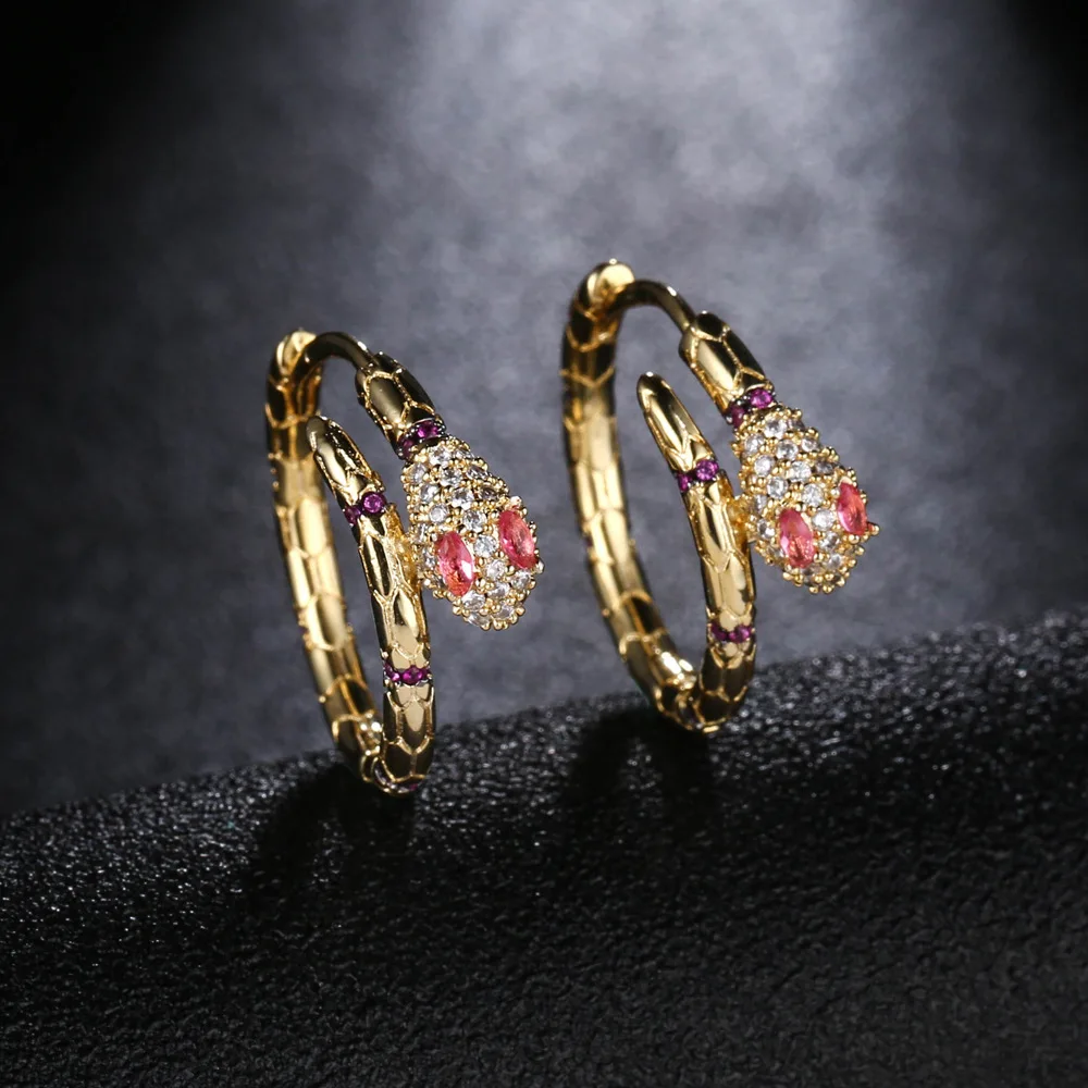 

New Fashion Accessories Gold Color Snake Earrings For Women Red Zircon Hoop Earrings Female Lady Jewelry ZK40