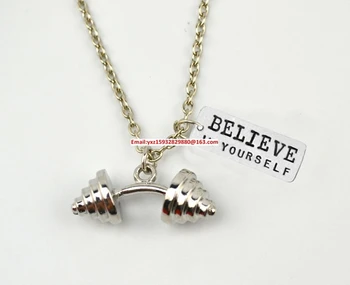 

New Arrival Fitness Weightlifting jewelry 30pcs/lot bending Dumbbell barbell with Believe In Yourself sports necklace