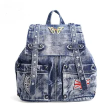 Новый Урожай Мода Повседневная Строка Алмазов Заклепки Бабочка Denim Рюкзаки Сумки Джинсы девушки Женщины Daypacks Школьная Сумка