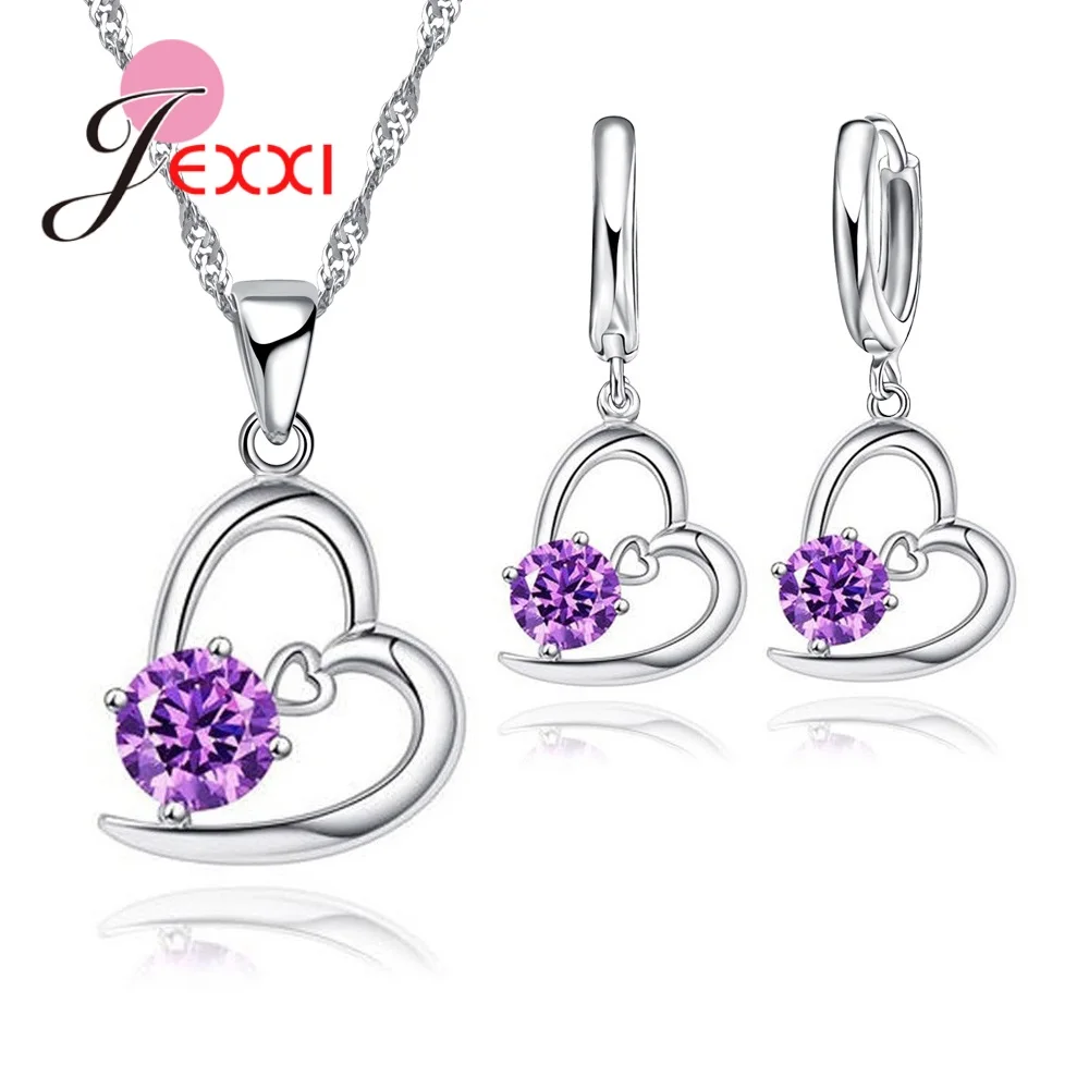 Сердце Форма Классический CZ кристалл ожерелье кулон цепи серьги для женщин 925 пробы серебряные Свадебные Ювелирные наборы Bijoux - Окраска металла: purple