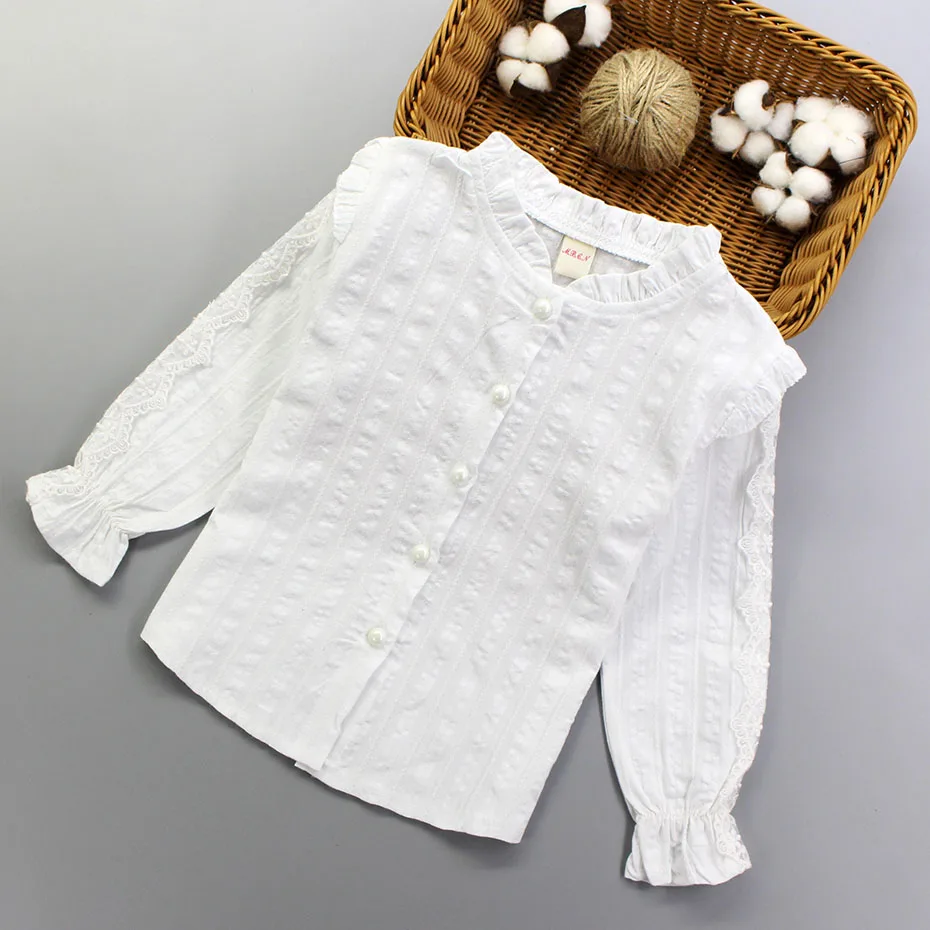Белая блузка для девочек блузки с длинными кружевными рукавами для девочек-подростков, детская блузка для девочек школьная одежда для подростков 6, 8, 10, 12, 13, 14 лет - Цвет: as picture