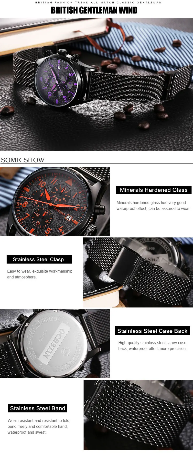 Ochстин люксовый бренд мужские часы из нержавеющей стали сетки черные спортивные наручные часы мужской хронограф Relogio Masculino Hodinky часы