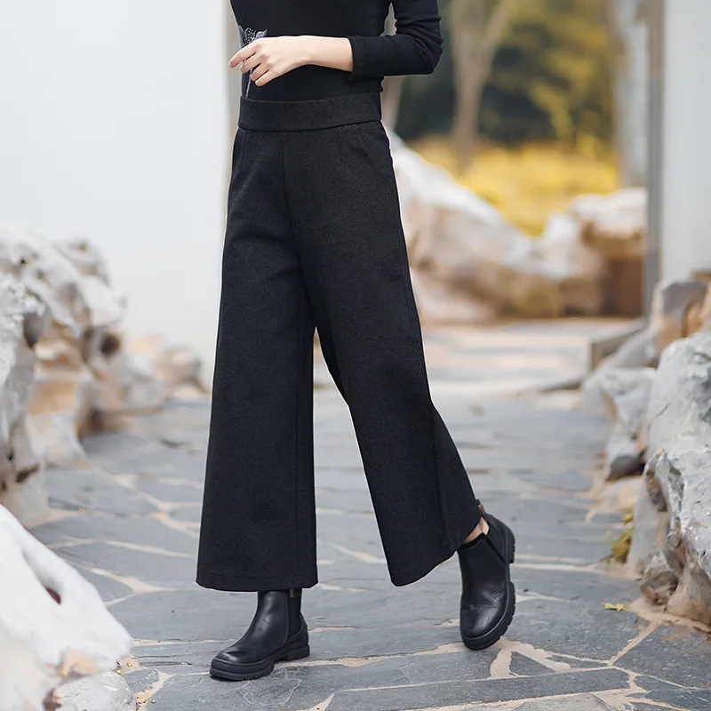 Negra E Casual Pantalones Otoño Negro Nuevo Pierna Nueve Cintura Lana De Invierno Amplia Retro Elástica Salvaje AUqXx5wxTP