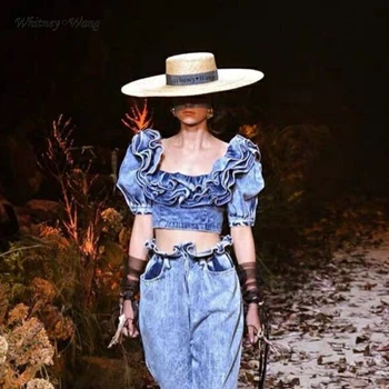 

WHITNEY WANG 2019 Spring Summer Fashion Streetwear Designer Style Layered Ruffles Denim Blouse Women blusas Shirt Tops