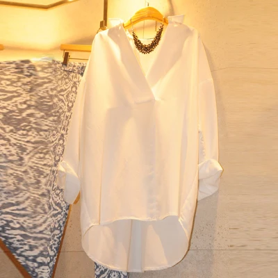 

2017 Casual Women Shirts Loose Full Sleeve V-Neck In Long Friends Han Fan Blouse Shirt White Zang Blue 1108