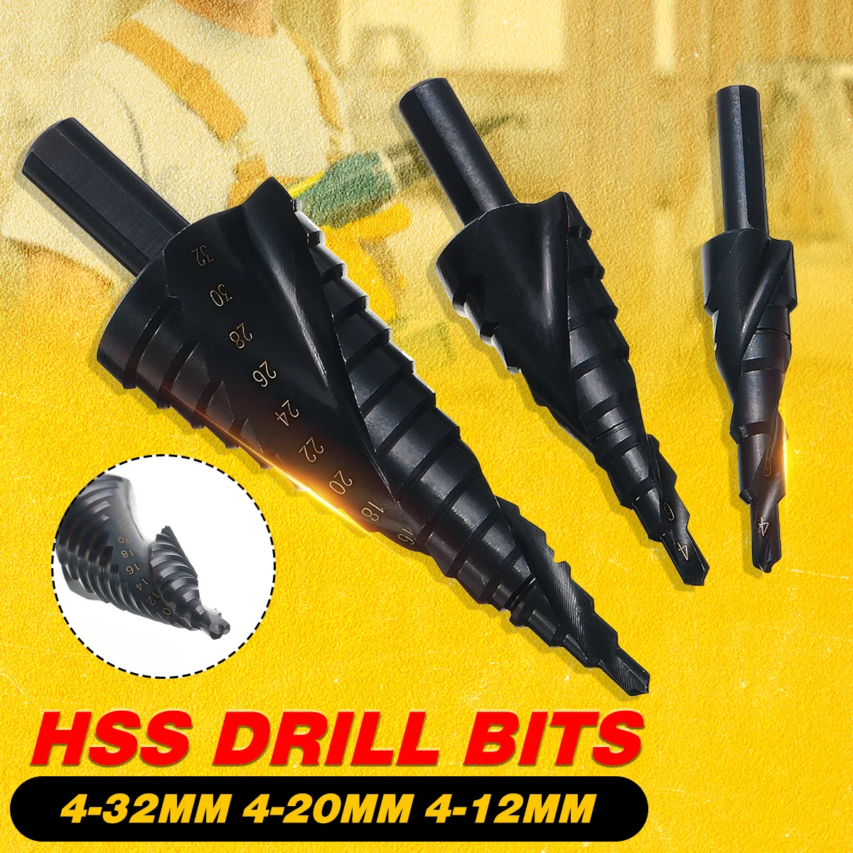 

3PCS Hex Titanium Step Cone Drill Bit Hole Cutter 4-32mm 4-20mm 4-12mm HSS For Sheet Metal Tool Power Tool Set