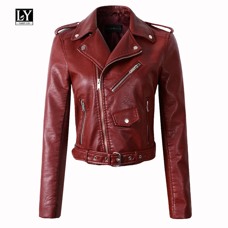 

Ly Varey Lin New Women Wine Red Soft Pu Faux Leather Jackets Slim Short Design Turn Down Collar Motorcycle With Belt Outerwear