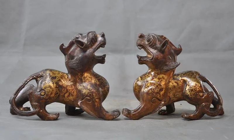 

Old China fengshui bronze Guardian Dragon Unicorn Kylin pixiu beast statue pair