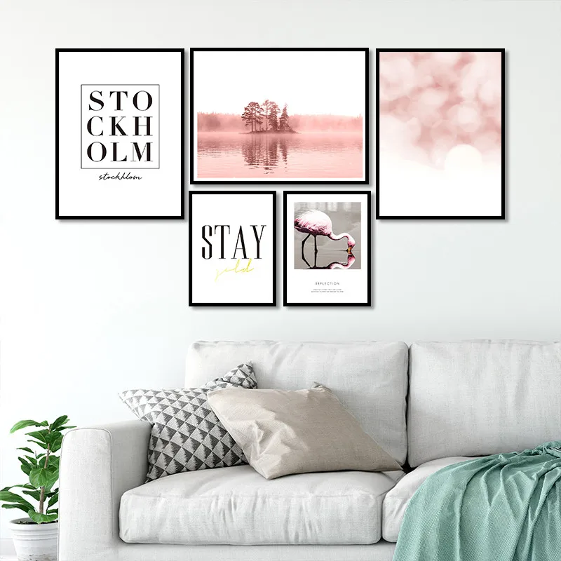 

Hot sale Nordic style Pink tree Flamingo Black alphabet Art Canvas Poster and Print Canvas Painting Decorative Wall Decor P0090