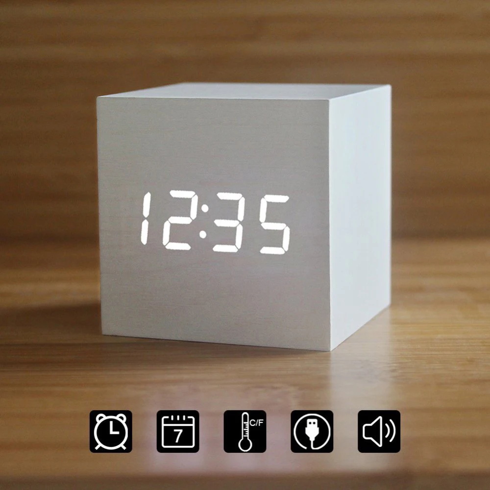 Многоцветный СВЕТОДИОДНЫЙ Деревянный Будильник Cube современный звуковой