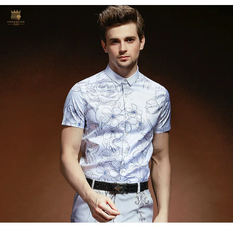 

FanZhuan Free Shipping New 2018 casual male man short sleeved men's Personality shirt hand-painted flower pattern shirt 812080