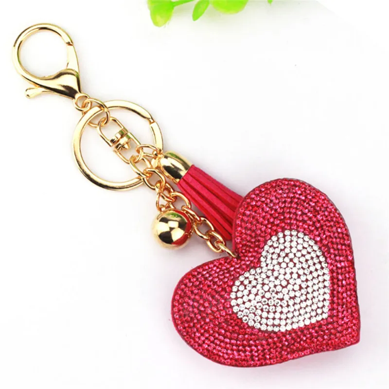 Love Heart Pendant Key Chains For Girls Tassel Design Red Crystal Brilliant Bag Pendant Jewelry