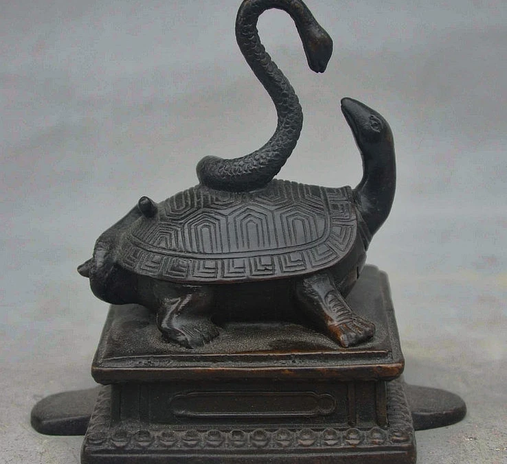 

5" Old China FengShui Bronze Auspicious Myth Animal XuanWu Snake Turtle Statue