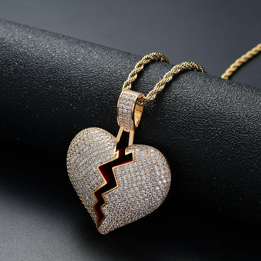 Ювелирные изделия Хип-хоп эмалью с фианитами в микро-паве любовь очарование кубического циркония льдом сломанной подвеска в форме сердца для ожерелья
