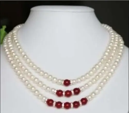 

HOT 001701 WHOLESALE 3 Row 8-9mm AKOYA WHIRE PEARL RED JADE NECKLACE