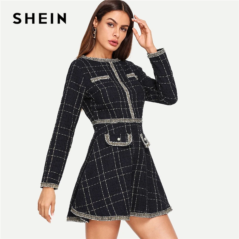 Buy SHEIN Navy Plaid Fringe And Pearl Embellished