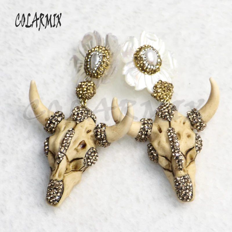 

Fashion buffalo earrings White shell flower earrings Pave rhinestone flower earrings big jewelry earrings gift for lady 4161