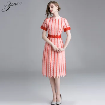 

Elegant Woman Lace Pencil Dress O-neck Short Sleeve Ladies Party Dress Slim Striped Hollow-out Laces Mid Dress for Woman