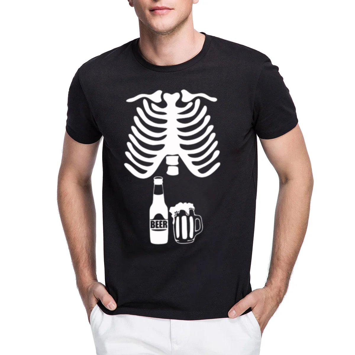 Loo Show Mens Halloween Skeleton Beer Belly Xray Funny Casual Graphic T