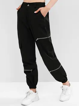 

ZAFUL 2019 Autumn Women Pants Zippered High Waisted Pockets Pants Solid Jogger Trousers