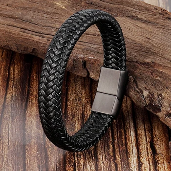 Fashion Genuine Leather Braid Bracelet Punk Stainless Steel Bangle Magnetic Clasp Black Brown Rope Chain for Men Jewelry