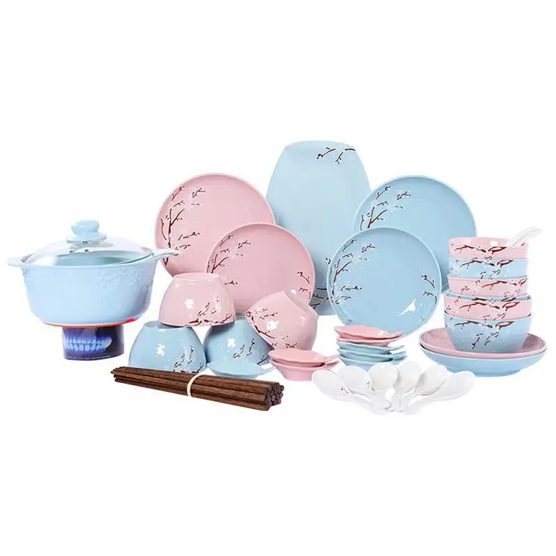 

45Pcs/Set Romatic Cherry Blossom Pattern Ceramic Dinnerware Set Tableware Set for Dinning Table Kitchen