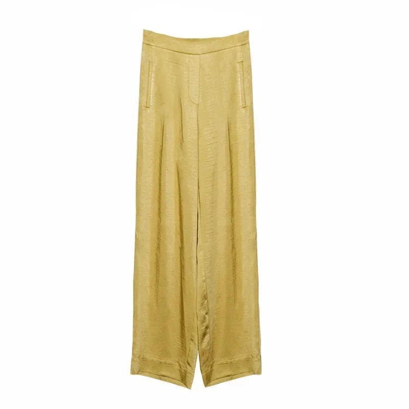 Yellow TWOTWINSTYLE повседневные атласные брюки для женщин, однотонные черные широкие брюки с высокой талией, женские весенние, корейская мода, новинка - Цвет: Yellow