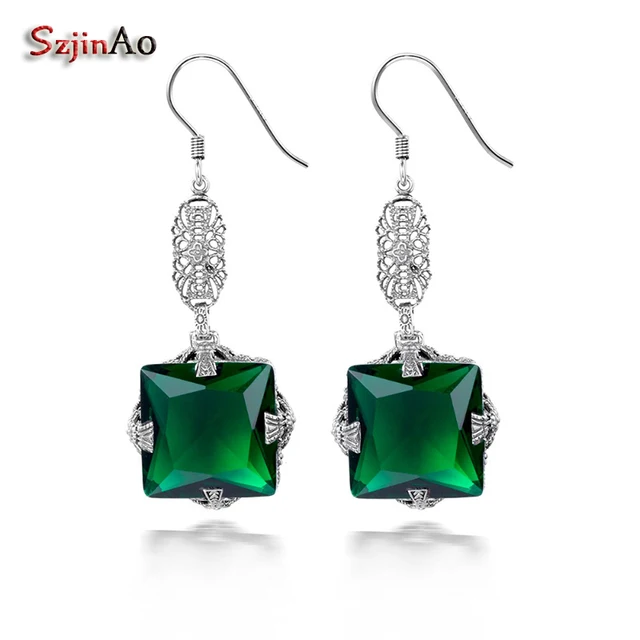 Szjinao 100 Handmade 925 Sterling Silver Earrings May Birthstone Szjinao 100 Handmade 925 Sterling Silver Earrings May Birthstone Emerald Indian Jewelry Vintage Long Drop