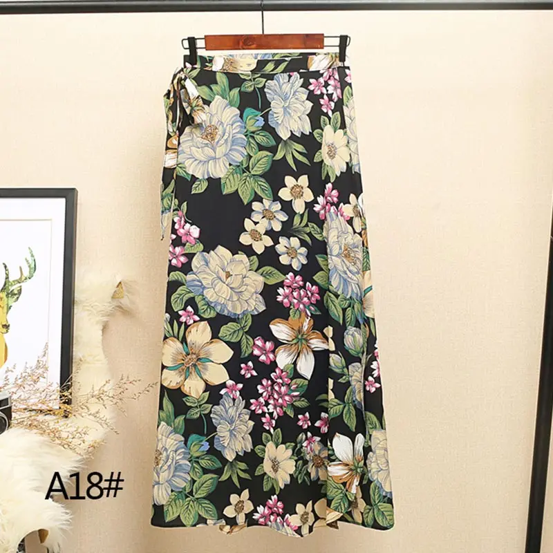 MY5853-A18 Летние Для женщин Винтаж пляжные юбки Boho Стиль цветок печатных юбка Повседневное Высокая талия Разделение шифоновая юбка - Цвет: MY5853-A18
