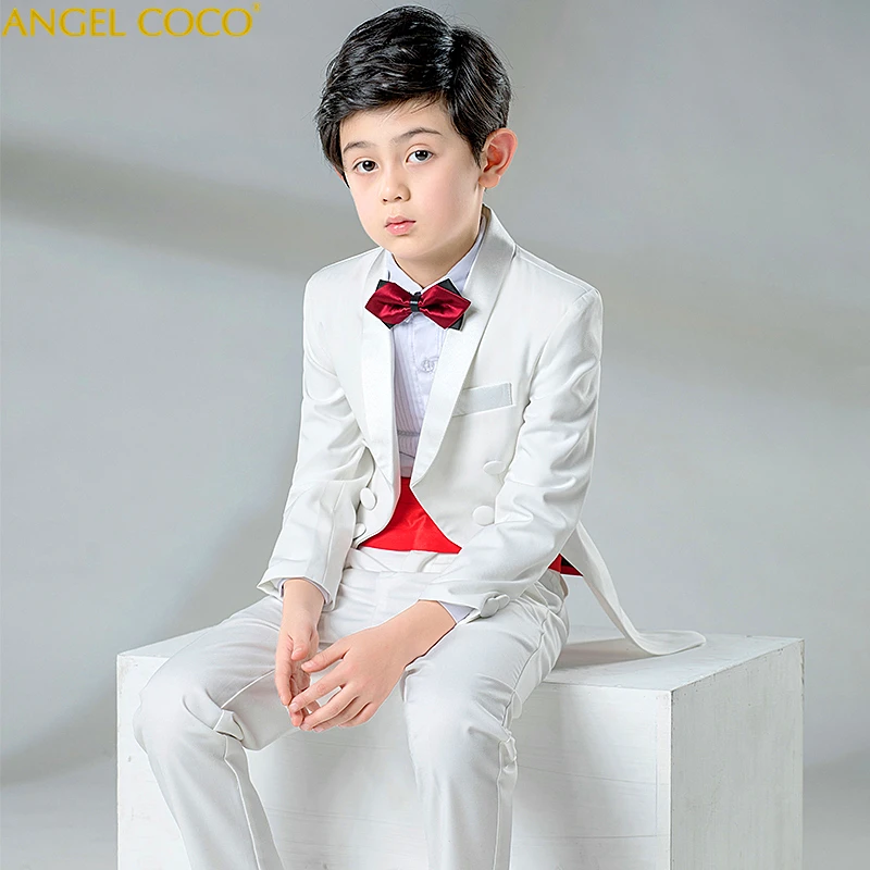 

England Style Tuxedo Suits Boys Clothes Set Kids Formal Wedding Blazer Swallow tailed Coat Kids Party Bow Tie Clothing 6pcs/set