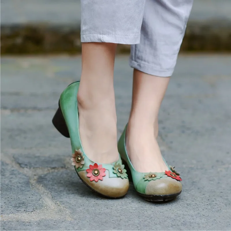 Женские офисные туфли из натуральной кожи на среднем каблуке; сезон весна-осень; женские туфли-лодочки ручной работы с цветами; туфли телесного цвета на каблуке 668-6 - Цвет: green