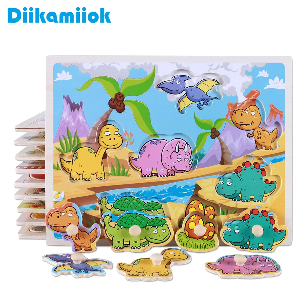

Hot colored board jigsaw Kid early educational toys kids baby hand grasp wooden puzzle dinosaur child wood puzzles toy T302