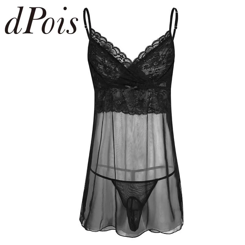 

2Pcs Mens Lingerie Sheer Sleeveless Mesh Mini Dress with G-string Nightwear Sleepwear Set Floral Lace Mens Sissy Lingerie Set