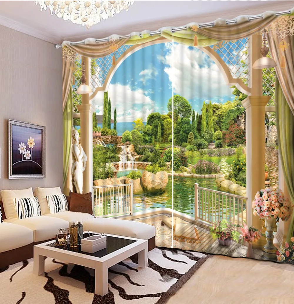 European Blackout Window Curtains Custom Photo balcony scenery Curtains