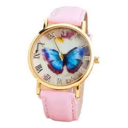 Часы для Для женщин Мода бабочка кожаный ремешок женские наручные часы Для женщин s Женева римские цифры часы кварцевые часы #121