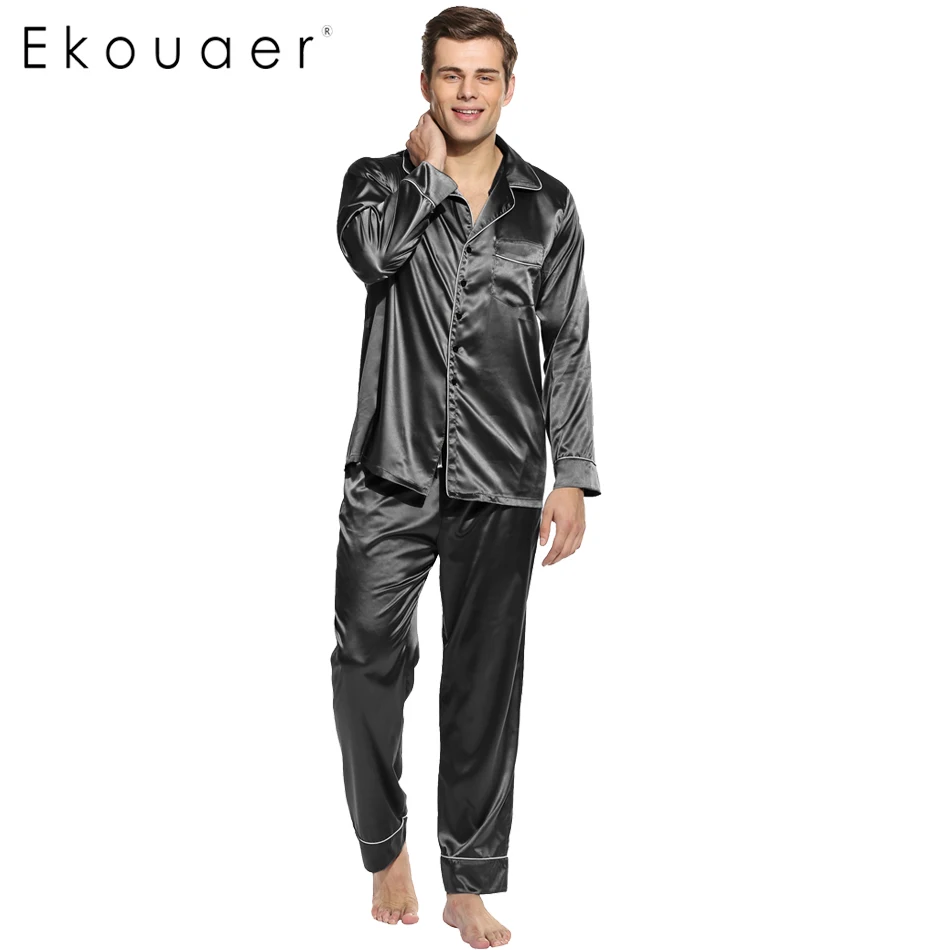 Ekouaer для мужчин пижамный комплект с длинным рукавом отложной воротник ночное белье домашняя одежда полиэфирный Атлас размеры Размеры s m l xl