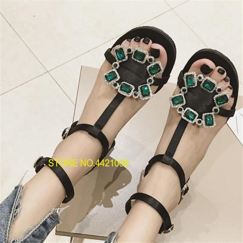 

Black Red Satin Woman Shoes Novelty Sandalias Mujer Rhinestone Sandals New Square Heel Causal Summer Shoes Chaussures Femme