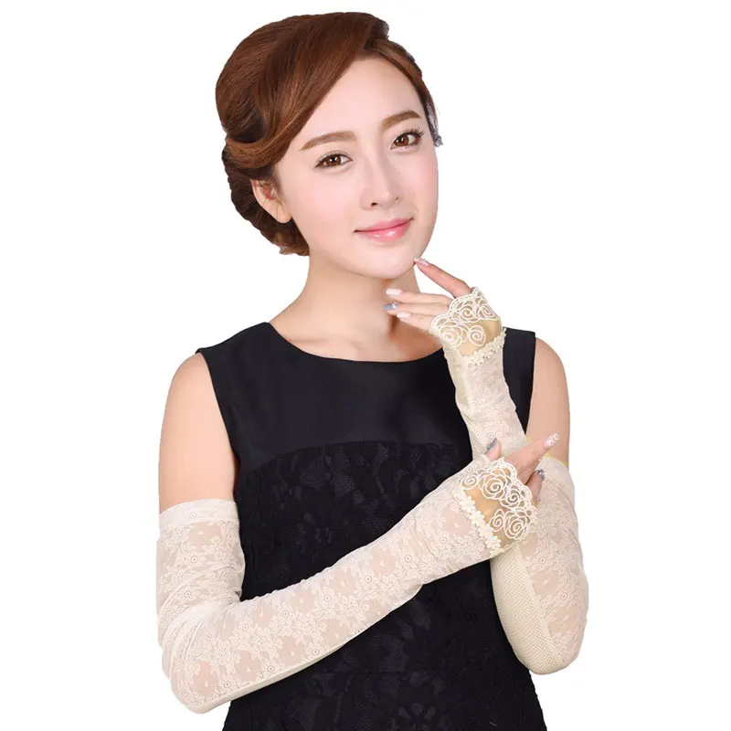 Fashion long ladies lace flower gloves summer electric car driving